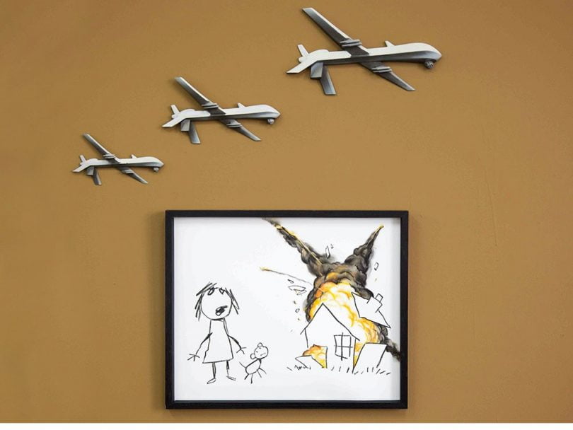 Civilian Drone Strike exhibits three drones bombing a house while a child and her dog look in affliction